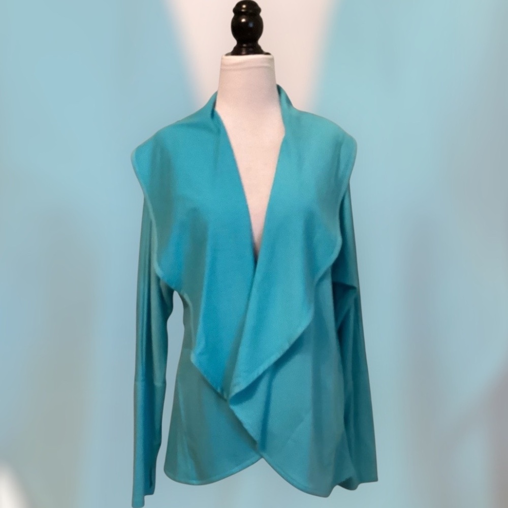 Kyodan Women’s Open Front Cardigan Size Large Turquoise Thumbhole Cuffs
